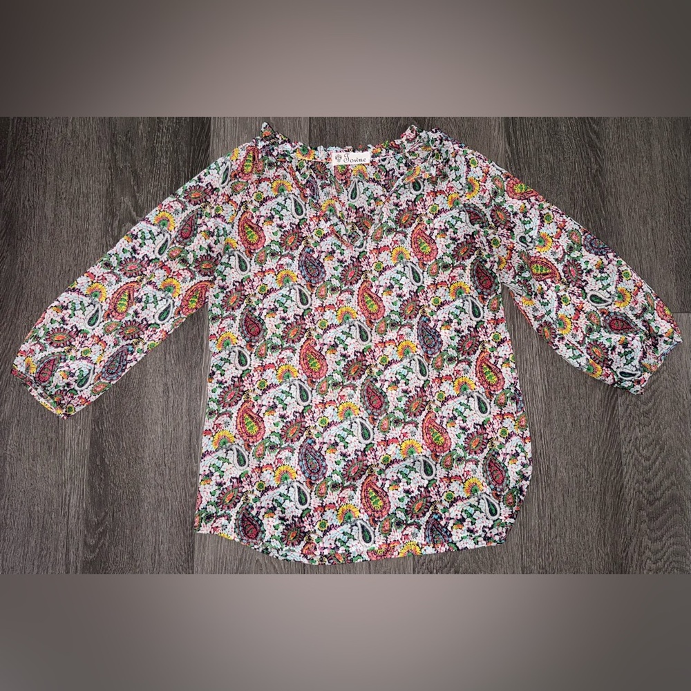 Towne Paisley Peasant Blouse Multicolor Boho Print cropped Sleeve top Medium M
